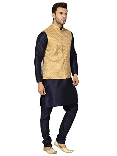 Image of Uri and MacKenzie Men's Silk Blend Regular Kurta Churidar Pyjama with Bundi Nehru Jacket /Waistcoat