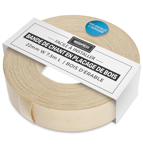 WoodPress® 22 mm Bois d'Érable Véritable Bande de Chant en Placage Préencollé – Rouleau de 7,5 m – Application à Repasser Facile à Faire soi-même, Couvre Le Bord d'un Panneau MDF Standard