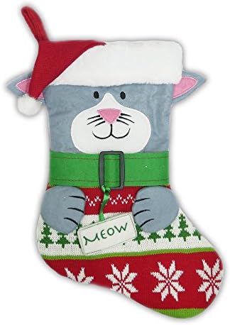 16.5โ Knitted Pet Cat Christmas Stocking with Santa Hat, MEOW (Cat)