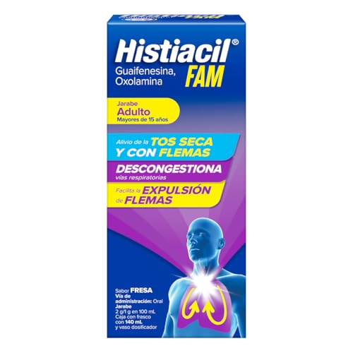 Histiacil FAM Jarabe Adultos Fresa 140 ml. Con Acción 3 en 1: Alivio de la Tos Seca y con Flemas, Descongestiona y Facilita la Expectoración