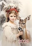2026 Wall Calendar [12 pages 8'x12'] Pretty Girls with Cute Deer in the Snowy Forest Vintage Christmas Book Illustration Poster