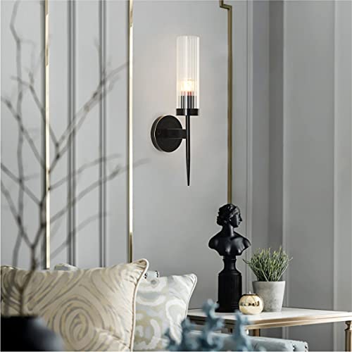 Image of BOKT Mid-Century Modern Bathroom Sconces Wall Lighting Vintage Black Vanity Wall Lamp Clear Cylinder Glass Wall Sconce Industrial Slim Wall Sconce Lamp