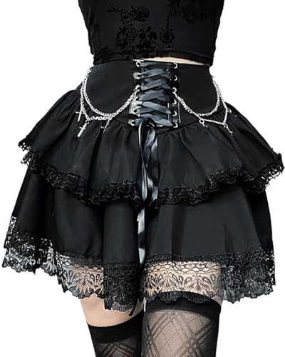 AULKEEP Womens High Wiast Black Mini Skirt Cute Lace Up Chain Gothic Pleated Skirts for Women