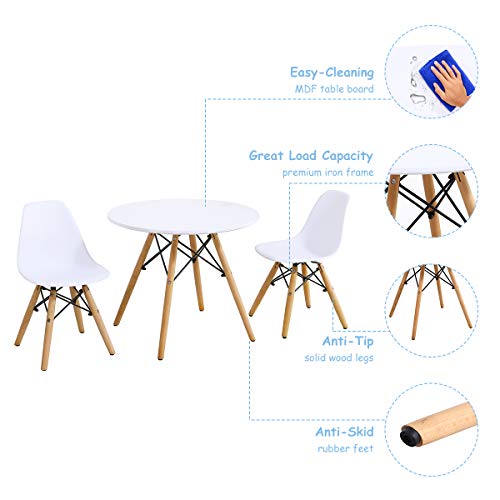 Image of Costzon Kids Table and Chair Set, 3-Piece Kids Mid-Century Modern Style Table Set with Wood Legs for Dining Drawing Playing, Toddler Table and Chairs (White, Table & 2 Chairs)