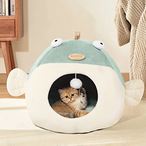 Vanansa Cat Bed For Indoor Cats, Large Covered Cat Bed With Anti-Scratch Lining, Ultra Soft Cat Hideaway, Cute Cat House With Hanging Toy, Pet Bed For Large Cats, Puppy Dog 9-13Lb (Green L, 18" X 15") #TOP5