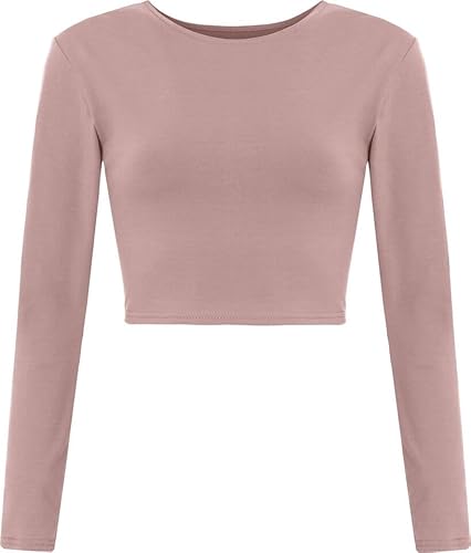 FASHION I LOVE Womens Crop Long Sleeve T Shirt Ladies Short Plain Basic Round Neck Shirts Top Ladies Long Sleeve Stretchy Crop Tops for Women, Slim Fit Cropped T Shirt Sizes 8-14 Mocha