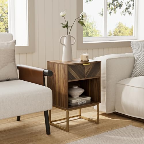 Image of Masupu Extra Large Nightstand,Boho Night Stand Modern Farmhouse Wood Bedside Table with Storage Drawer and Open Shelf,Side End Table for Bedroom,Living Room,Office Brown