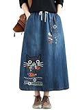 Oaovo Women's Cute Cat Embroidery Denim Midi Skirt Vintage Loose Fit Elastic Waist A-Line Jean Skirt with Pockets Blue M