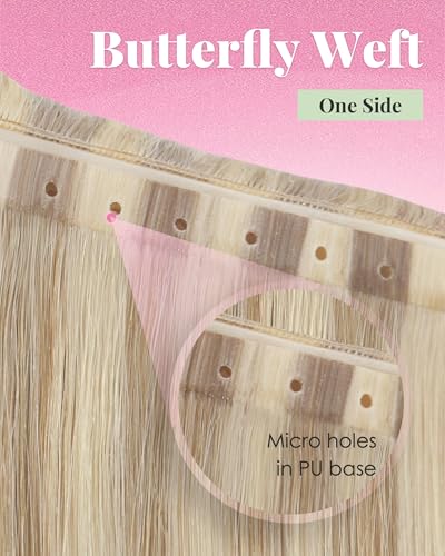 Image of YoungSee Butterfly Weft Hair Extensions Blonde Highlights, 18 Inch 100g Butterfly Hair Wefts Human Hair, Strawberry Blond with Bleach Blonde, Weft Hair Extensions Real Human Hair for Women