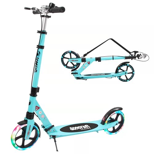 TENBOOM Scooter for Kids Ages 8-12 and Adult, LED Light Wheels Scooter for Kids, Fast Folding Hand Brake Adult Kick Scooters with Bike Bell, Height Adjustable City Scooter,Up to 100 kg, Blue