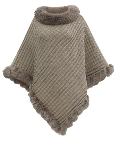 JFAN Ponchos Mujer Capas de Punto Invierno Cálido Elegante Chal con Cuello Redondo Capa de Piel Sintética Térmica para Otoño e Invierno Caqui