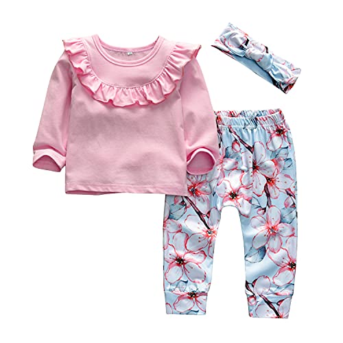 KuKitty 3Pcs Baby Girl Outfits Set Long Sleeve Ruffle T-Shirt Tops Floral Printed Pants with Headband (9-12 Months)