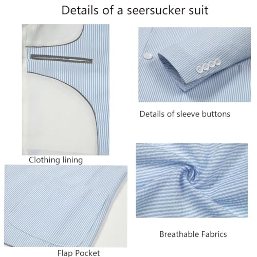 3 Piece Men Seersucker Suits Set Slim Fit Striped Tux Set Casual Beach Wedding Summer Groomsmen Blazer Vest Pants3