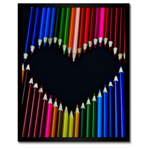 Poster cœur en crayons de couleur cadre blanc 40x50 cm pour salon