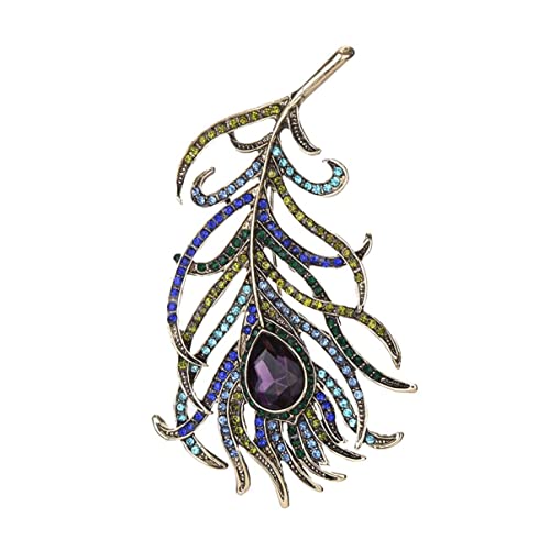 Image of Art Deco Peacock Feather Pin Brooch Great Fashion Jewelery Accessory with Multicolored Crystal Rhinestones for Women - Multicolored
