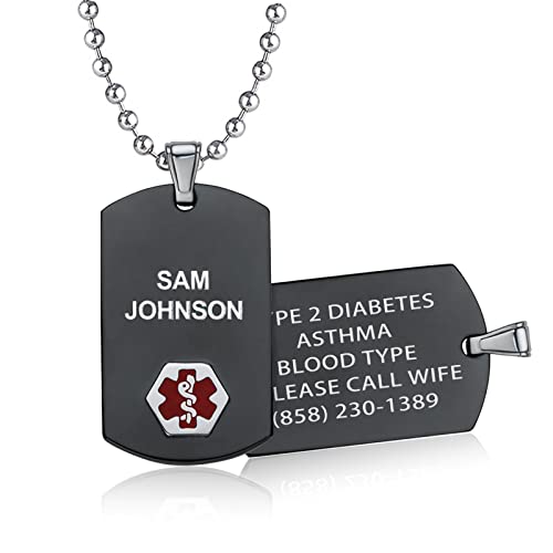 Divoti Deep Custom Laser Engraved Stainless Steel Medical Alert Necklace for Men, Chic Black & Silver Medical ID Necklace, Medical Dog Tag w/Free Engraving 24 Ball Chain-Red