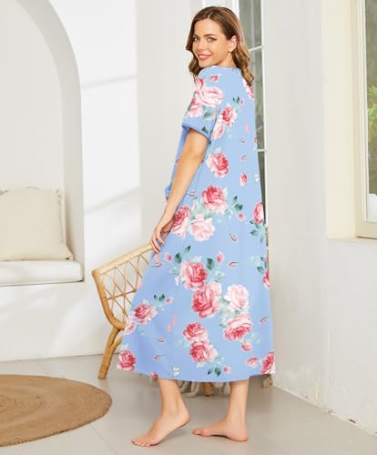 Image of Ekouaer Women Robe Zipper Short Sleeves Full Length House Coat with Pockets