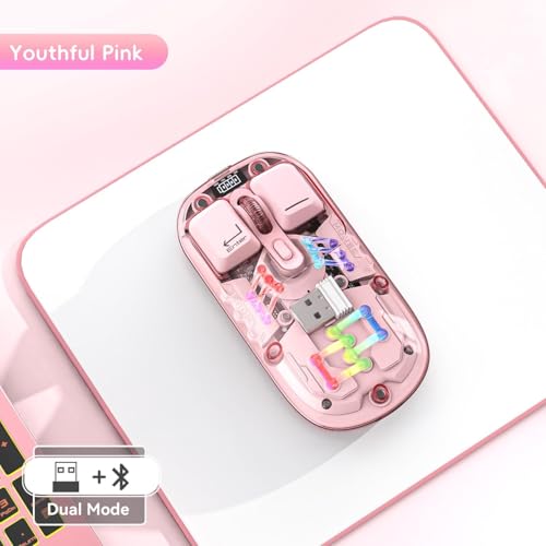 Image of Wireless Transparent Mouse Dual-Mode 2.4GHz /BT5.0 Bluetooth Metal Roller Silent Rechargeable RGB with USB Receiver Power Indicator Light Mouse for PC,Laptop,Mobile,Tablet (Pink)