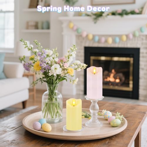 Image of Flameless Candles Light, Set of 2 6 inchx3 inch Flickering Pastel Spring LED Candles with Remote & Timer, Dimmable Real Wax Easter Pillar Candles Battery Operated for Home Spring Easter Decor (Pink Yellow)