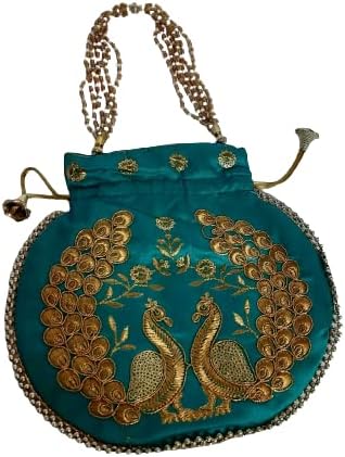 Fashion Street Potli Designer Ethnic Traditional Line Gota Handmade Decorative Jaipuri Royal HandBag For Women (Sea Green)
