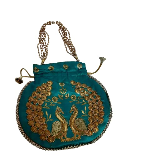 Fashion Street Potli Designer Ethnic Traditional Line Gota Handmade Decorative Jaipuri Royal HandBag For Women (Sea Green)