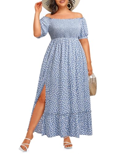 Image of Plus Size Summer Dresses Sun - Maxi Boho Casual Off Shoulder Floral Lace Long Dress with Pockets
