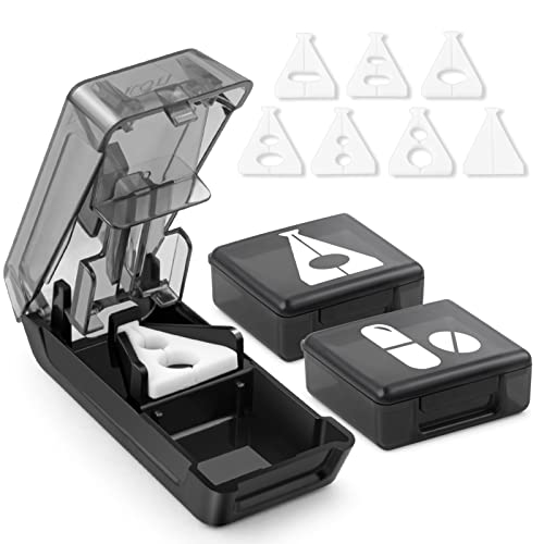 Fullicon Pill Cutter for Small or Large Pills, Splitter With V-Shape Holder, Medicine Slicer With Sharp Blade, Two Large Organizers - Black