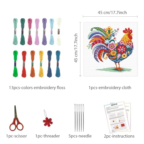 Image of FREEBLOSS 11CT Stamped Cross Stitch Kit for Adults Beginners with Instructions Chicken and Flower Pattern Cross Stitch Kit Embroidery Wall Art Decoration No Frame 17x17in /45x45cm