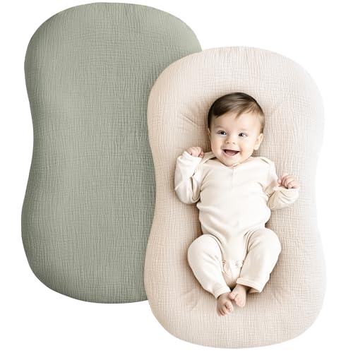 Image of Konssy Muslin Baby Lounger Cover 2 Pack, 100% Cotton Newborn Lounger Cover, Soft and Breathable Lounger Cover for Boys Girls, Covers Only (Fog Green,Cream)