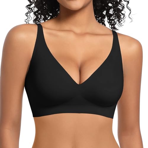 LEYSHE BH Damen ohne Bügel V-Ausschnitt Seamless Bügelloser Tshirt BH Gepolsterter Soft Bequemer Bralette mit Verstellbaren Trägern,Schwarz,M