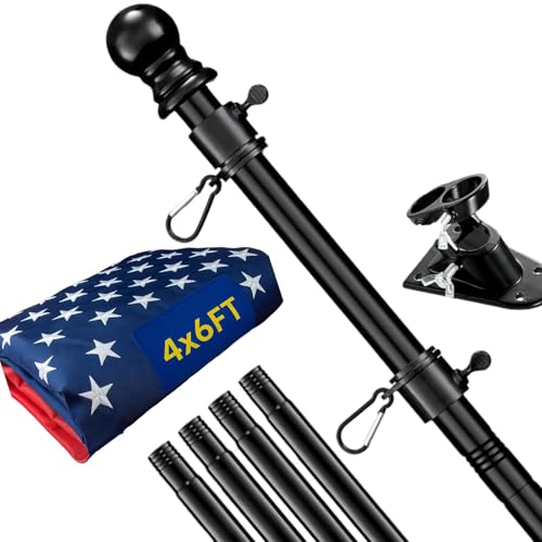 American Flag with Pole for Outside House- 5FT Heavy Duty Tangle Free Flagpole Kit 4x6FT Embroidered Stars US Flag 2 Position Metal Mounting Holder for Outdoor Front Porch Patriotic Display