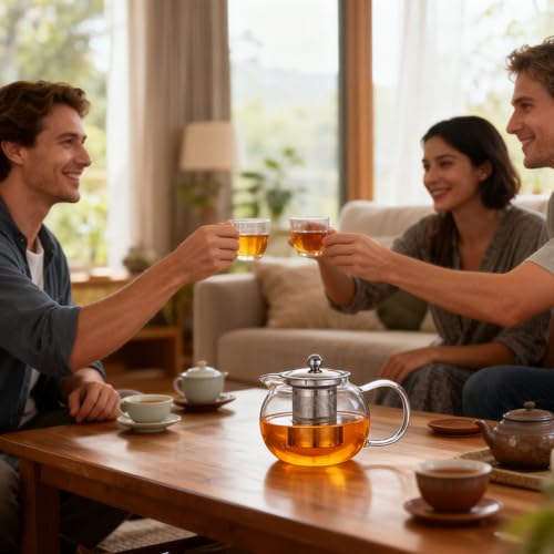 XFLYP 600ml Teekanne Glas Teebereiter mit Abnehmbare Edelstahl-Sieb, Teesieb Glas Teebereiter mit Deckel, Perfekt Perfekt für Losen Tee und Kaffee Teebeutel, Hitzebeständig & Transparent