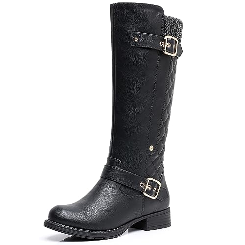 GLOBALWIN Women's Black Quilted Knee High Boots For Women Low