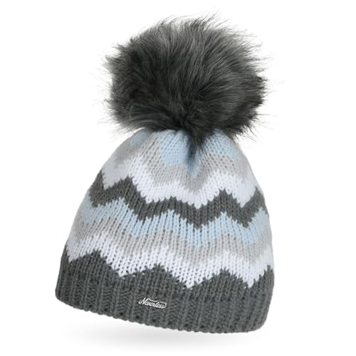 Neverless® Damen Strick-Mütze gefüttert Fleece Fell-Bommel Kunstfell Winter-Mütze Bommelmütze Grobstrick Mehrfarbig dunkelgrau Unisize