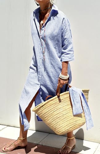 Image of chouyatou Women's Summer 3 /4 Sleeve Striped Shirt Dress Belted Maxi Long Casual Button Down Beach Dress