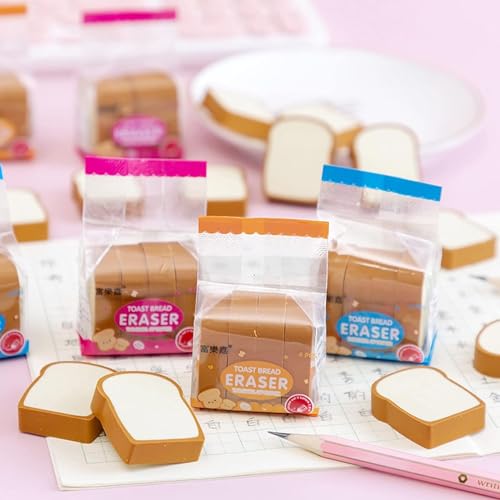 Image of RECLUSE 4 Pcs Cute Bread Shaped Cute Pencil Eraser Supply Funny Flexible Easy to Use Stationery Kid Painters Artists Sketching Tools, Kids School Boys Girls Birthday Return Gifts