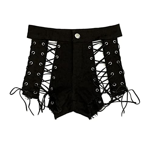 Women High Waisted Strappy Denim Shorts Sexy Up Ripped Hole Tassel Jean Shorts Stretch Casual Denim Hot Shorts (Small,Black)