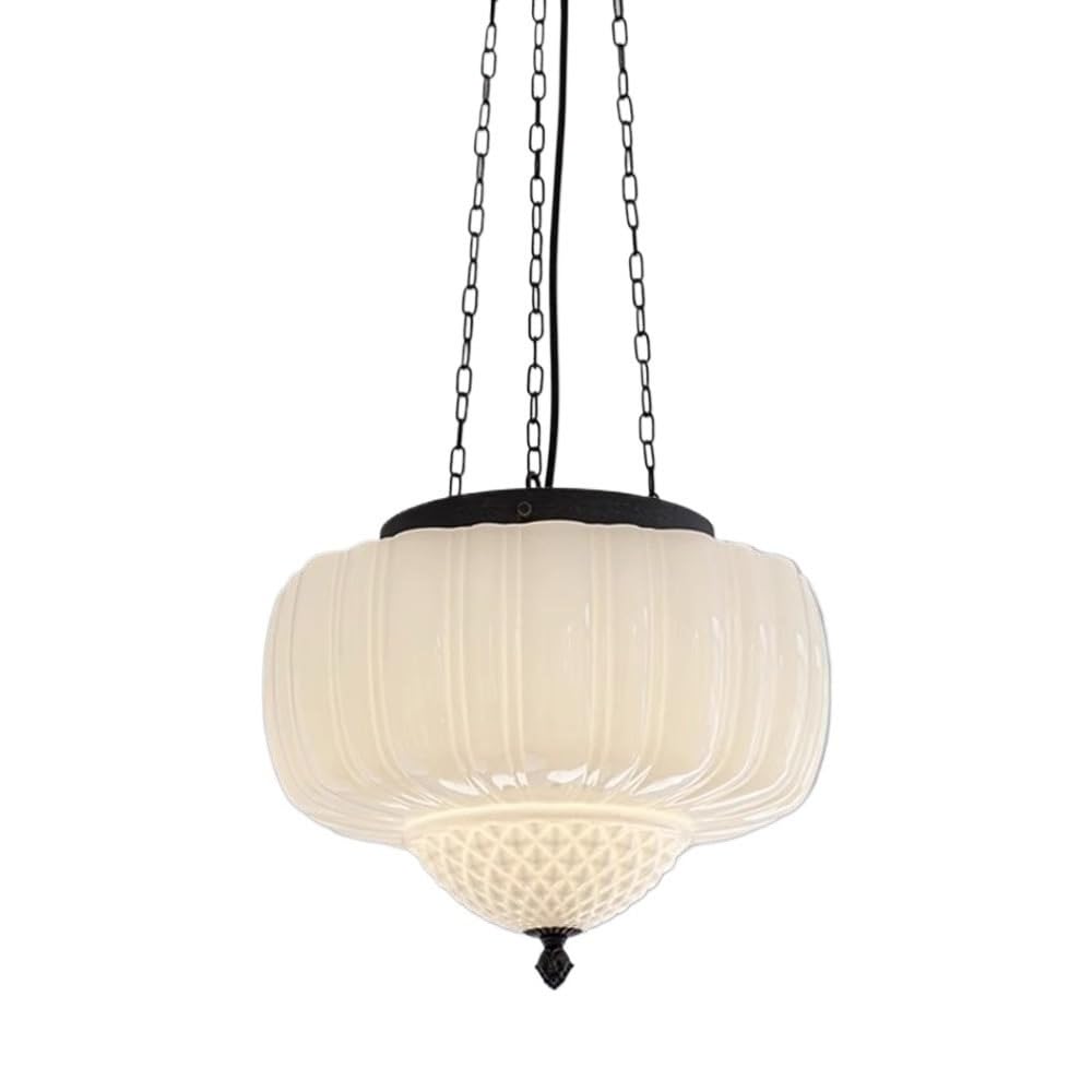 FEITENGDA Mid Century Cream Style Glass Pendant Light Modern Farmhouse Vintage Hanging Lamp Nordic Coastal Interior Iron Art Base Chandelier for Dining Room Bedroom Living Room(Creamy Yellow)