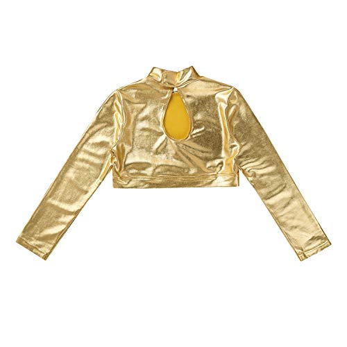 Moily Kids Girls Shiny Metallic Two Pieces Dance Outfit Long Sleeve Crop Top with Gymnastics Bottoms Sets4