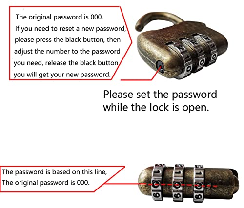 Image of 3Pcs Vintage Password Padlock, 3 Digit Combination Lock for Luggage | Antique Bronze Finish, Tool-Free Combo Reset, For Gym /School Lockers, Luggage, Drawers, Cabinets & Diaries, (Default: 000)