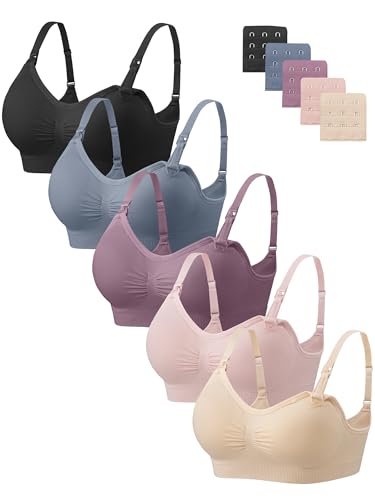 Image of Angelhood Women Nursing Bras for Breastfeeding 5 Pack, Maternity Sleep Bra | Seamless Pregnancy Full Bust Bralettes with Extenders, Wireless V Neck Bralette, Ultra Comfort Postpartum Essentials Bra Pack