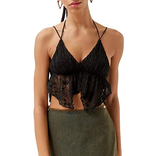 Women Y2K Sleeveless Crop Tops Bodycon Round Neck Tank Top 2000S Cute Skinny Camisole Summer Spaghetti Strap Streetwear A-Black #TOP15