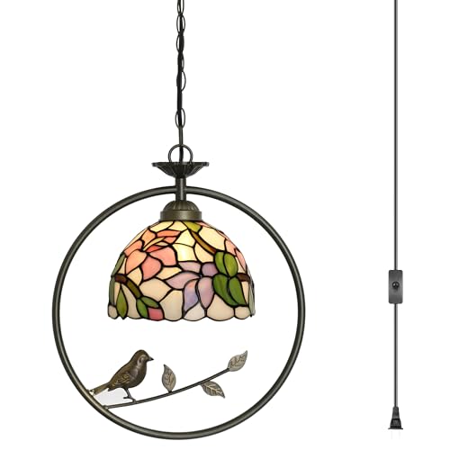 ZYLINX Tiffany Stained Glass Pendant Lamp with Bird Hanging Light