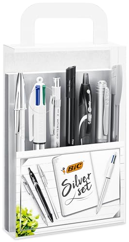 BIC Schreibwaren Set à 8: 2 Kugelschreiber, 1 Notizbuch, 1 Fineliner, 1 Bleistift, 1 Druckbleistift, 1 Marker und 1 Gelroller, Silver Set