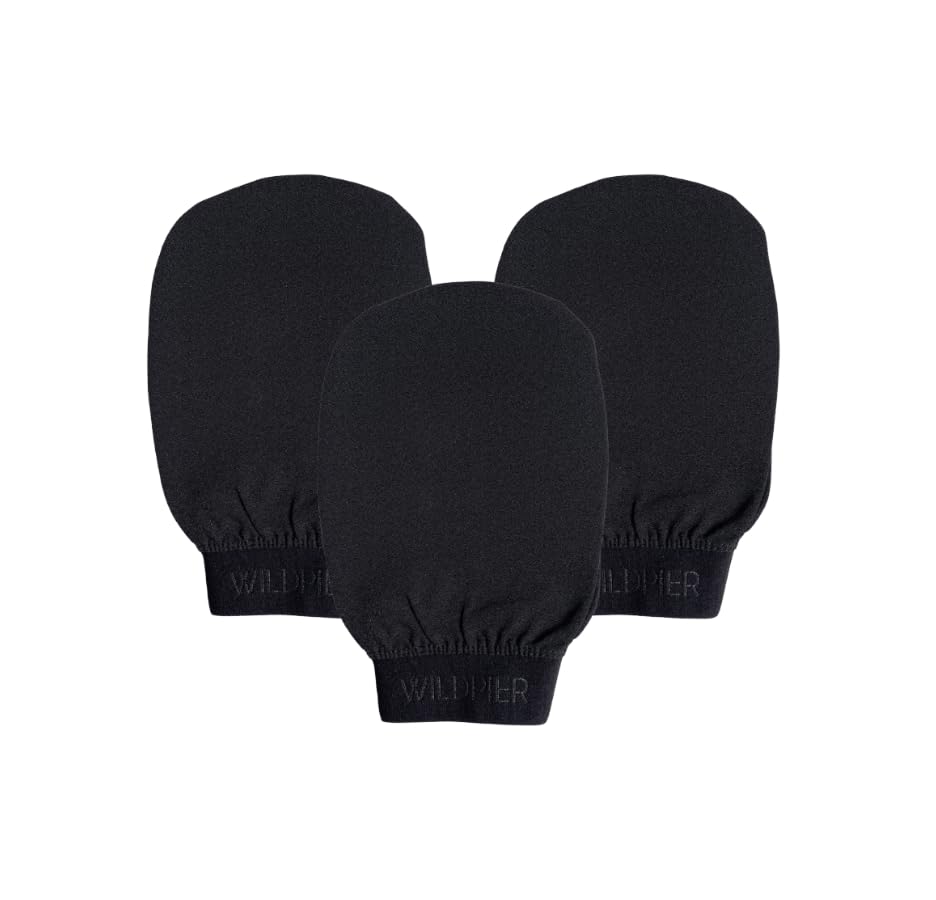 Wildpier Ultimate Deep Exfoliating Glove Mitt 3 Pack - Body Scrub for Bath Shower Spa Hand Exfoliator Gloves, Dead Skin Cell Remover, Plant Based Deep Exfoliation Scrubber, Black
