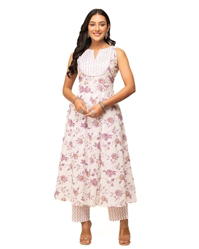 Image of FIORRA Women's White Cotton A-line Kurta with Pant and Dupatta