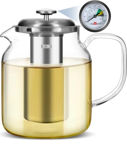 Aquach Glas-Teekanne mit integriertem Thermometer, Herd- und spülmaschinenfest, Borosilikat-Karaffe und herausnehmbares Teesieb aus Edelstahl, 1,9 l