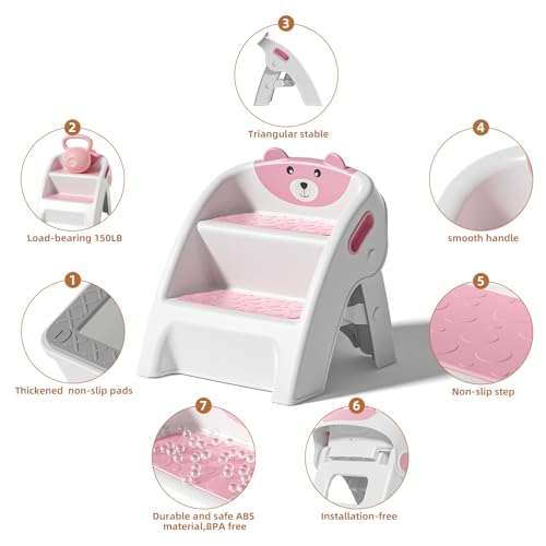 TPN Toddler Step Stool for Bathroom Sink and Potty Training Durable Anti-Slip,Anti-Tip A-Frame,10-Second Assembly, 2-Step Potty Stool with Wide Steps (Pink) by TPN - Image 7