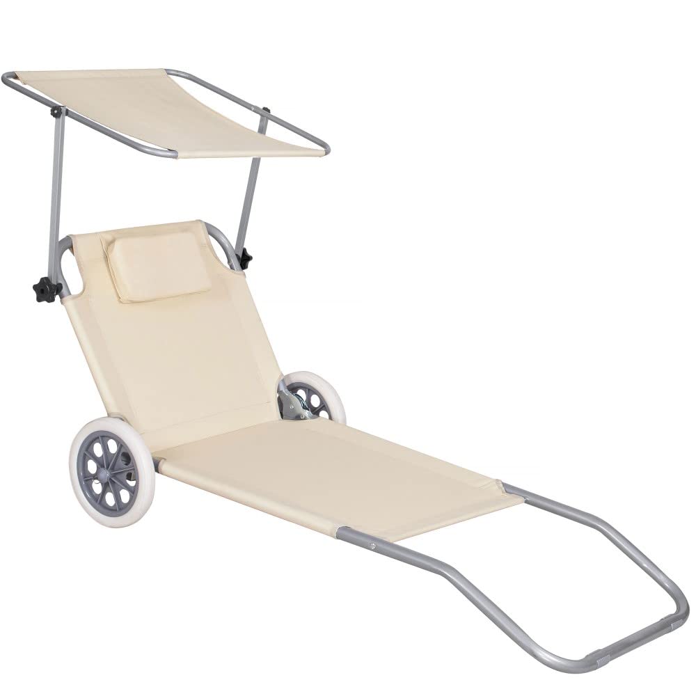 SPRINGOS Fauteuil inclinable d'été avec Roues Chaise Longue à roulettes Chaise Longue avec Pare-Soleil Dossier réglable en 5 Positions 2 Roues Appuie-tête