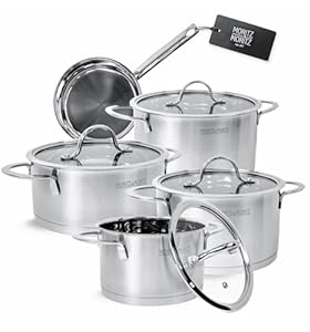 Moritz & Moritz 5-teiliges Kochtopfset inkl. 4 Glasdeckel - Edelstahl Topfset Induktion & alle Herdarten - stylische Töpfe mit Deckel & Stielkasserolle - Geeignet für Spülmaschine & Backofen